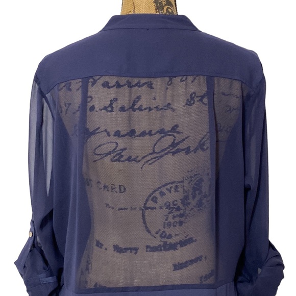 Navy Sheer V-Neck Long Sleeves Blouse L - Picture 5 of 10